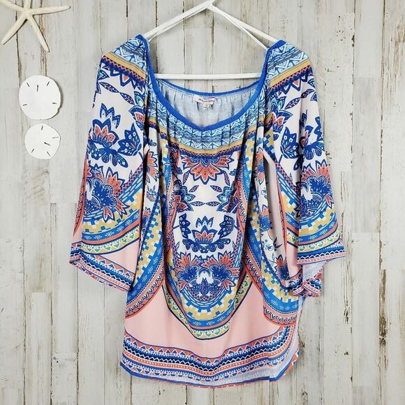 Jealous Tomato Boho Top Blue Pink Print Size Medium - Picture 1 of 9
